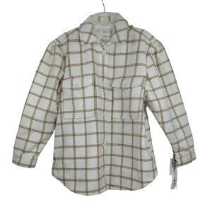 Treasure and Bond Button Up Shacket Jacket Women Size L Cream Tan Plaid Long Slv